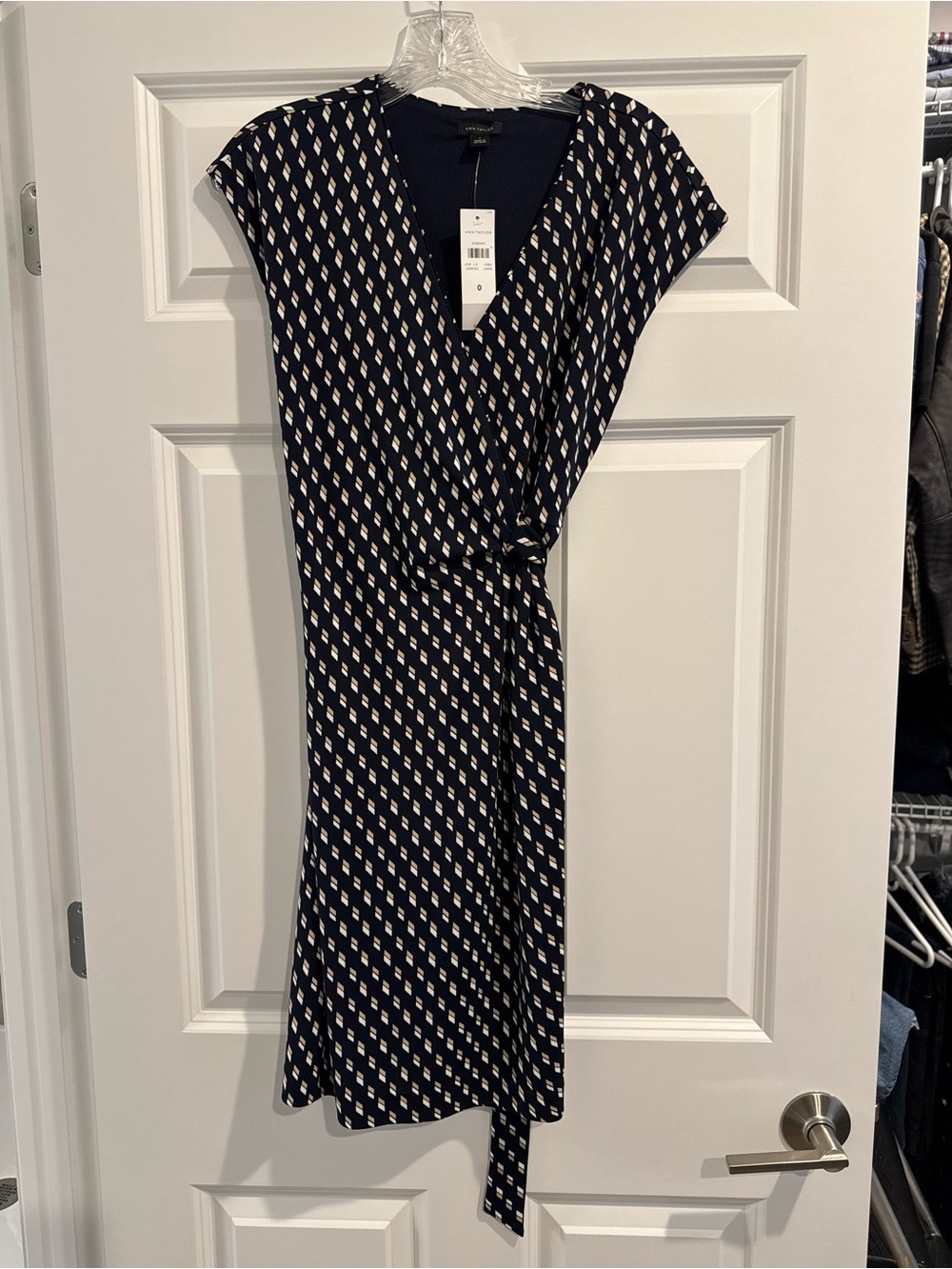 Ann Taylor Navy Patterned Wrap Dress with Tie Waist